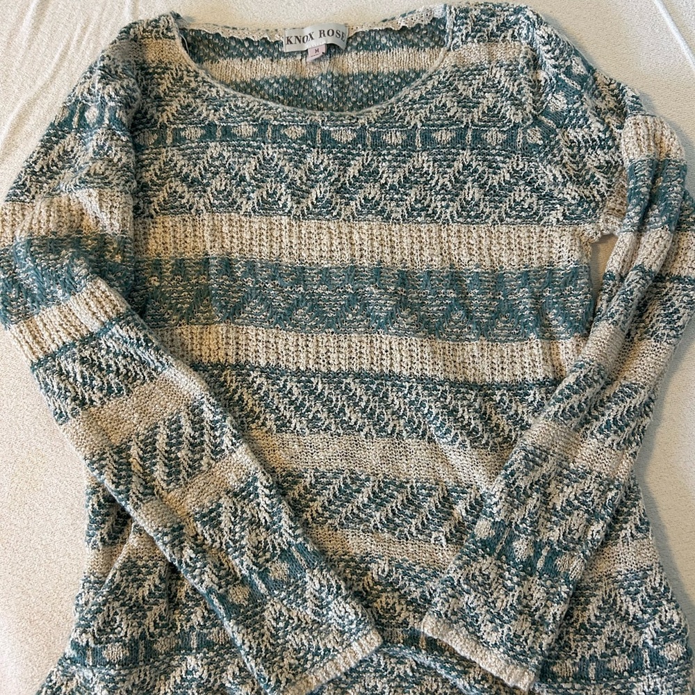 Knox Rose Blue and Cream Crew Neck Sweater with Fair Isle Pattern